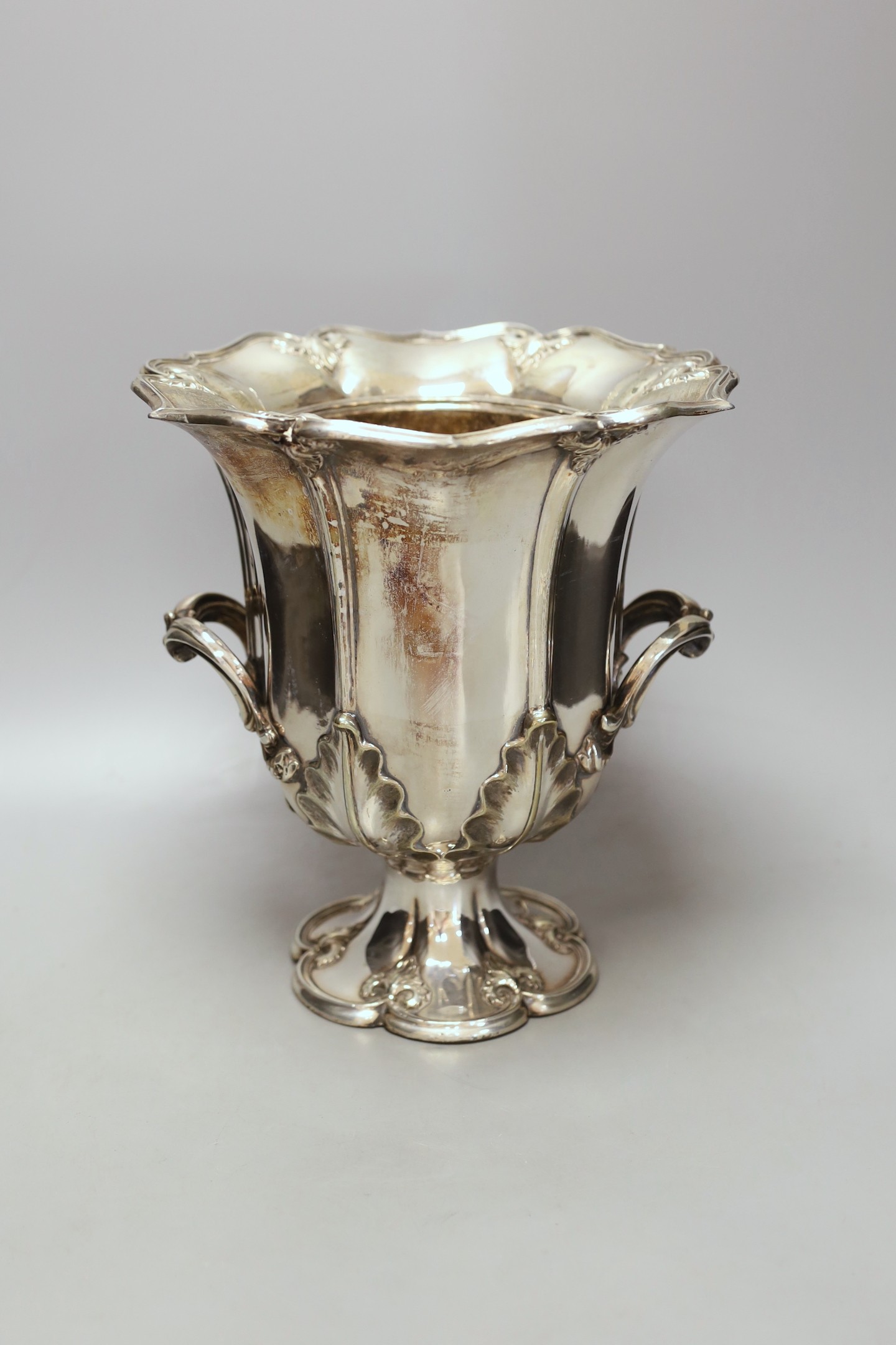A Sheffield plate two handled wine cooler - 26.5cm tall